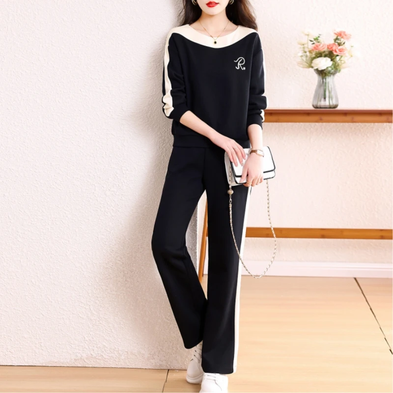 2-Piece Embroidery Sweatsuit for Women Loose Casual Set Sporty Outfits Wide-leg Pants Tracksuit Autumn and Winter 2023