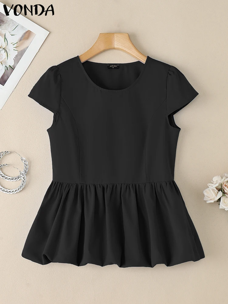 

VONDA Casual Ruffled Blusas Solid Color Women Blouse O Neck Short Sleeve Tops 2025 Summer Loose Tunic Oversized Pullover Fashion