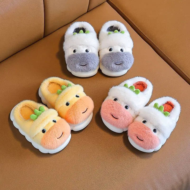 Kids'Slippers Plush Cartoon Winter Flat Shoes For Children Anti-slip Thick Bottom Home Slipper Yellow Shoes Size 24-41