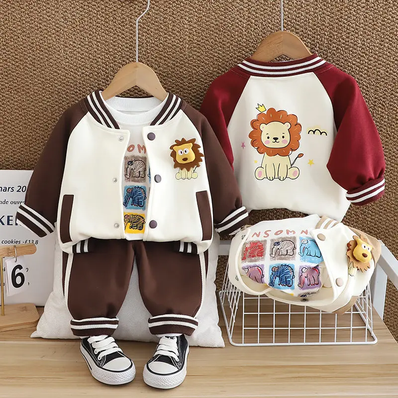 Children Cotton Wear Suits Kids Boys Girls Cartoon Lion Hoodies T-shirt Pants 3Pcs/Set Spring Autumn Sport Clothes 0-5 Years