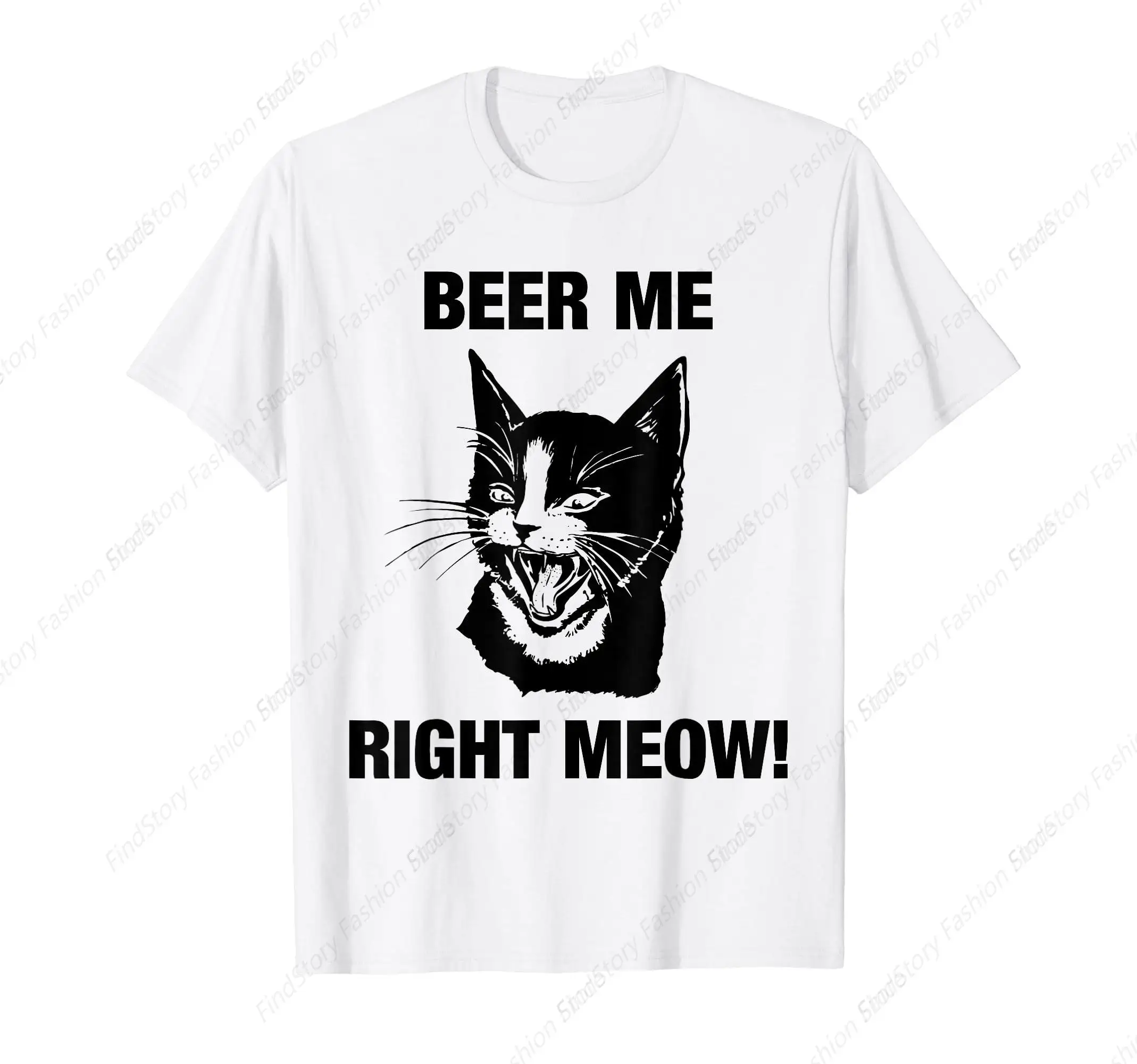 Beer Me Right Meow Cute Cat T-Shirt for Men Washed Cotton Vintage Short Sleeve Crew Neck Clothing Fashion Streetwear Sports Tops