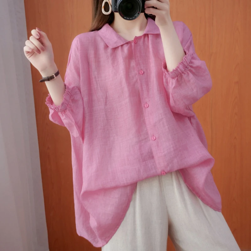 

Loose Cotton Linen Batwing Sleeve Shirt Women's plus Size Casual Style Button up Pure Color Collar Top Summer Fashion