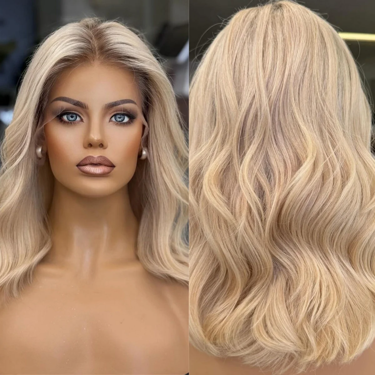 

Роскошные волосы на плечо Ombre Пепельно-светло-русый синтетический кружевной верх парик Свободные волны Бесклеевые парики Оригинальные заводские дешевые парики 14 дюймов