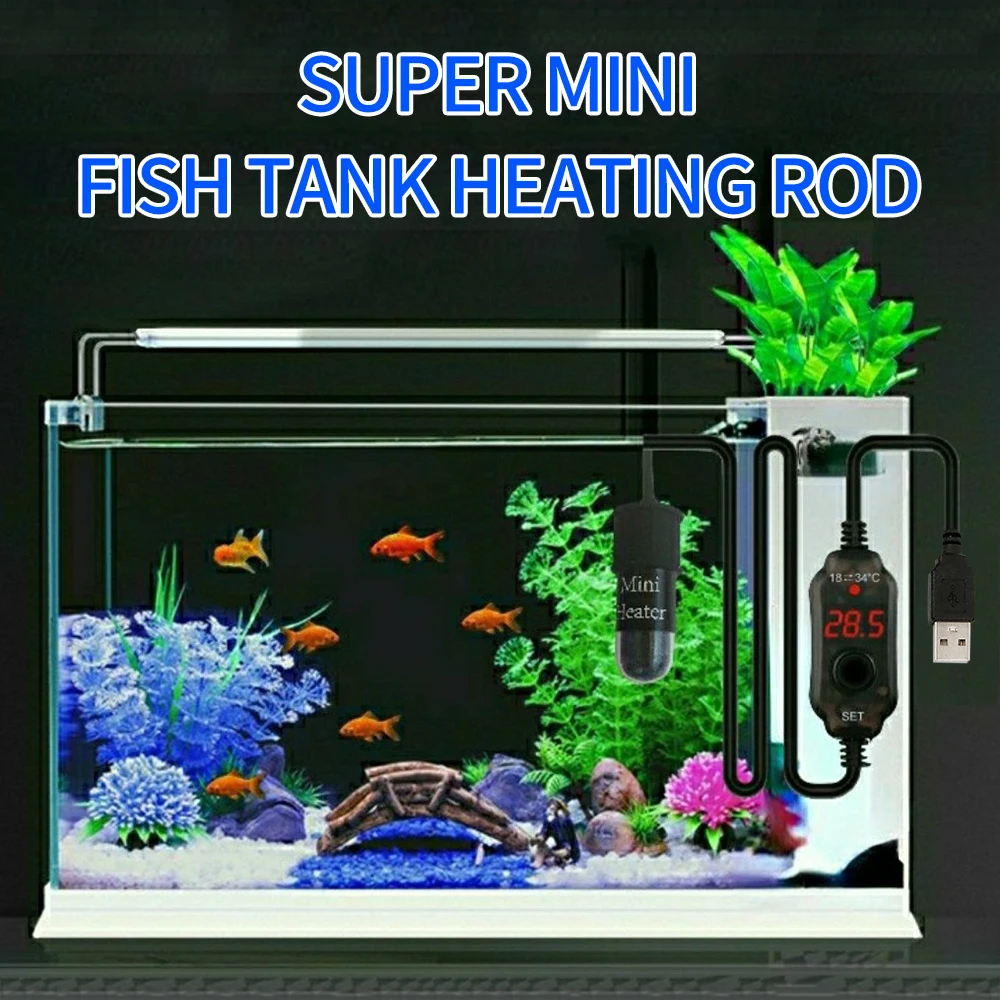 Mini Aquarium heating rod Fish Tank Aquarium Heater Submersible Thermostat Heater 18-34°C Adjustable Temperature USB Charging