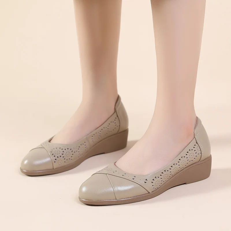 GKTINOO 2024 Women Flat Shoes Genuine Leather Woman Soft Pointed Toe Flats Summer Lady Hollow Mom Loafers Women Shoes Sandals