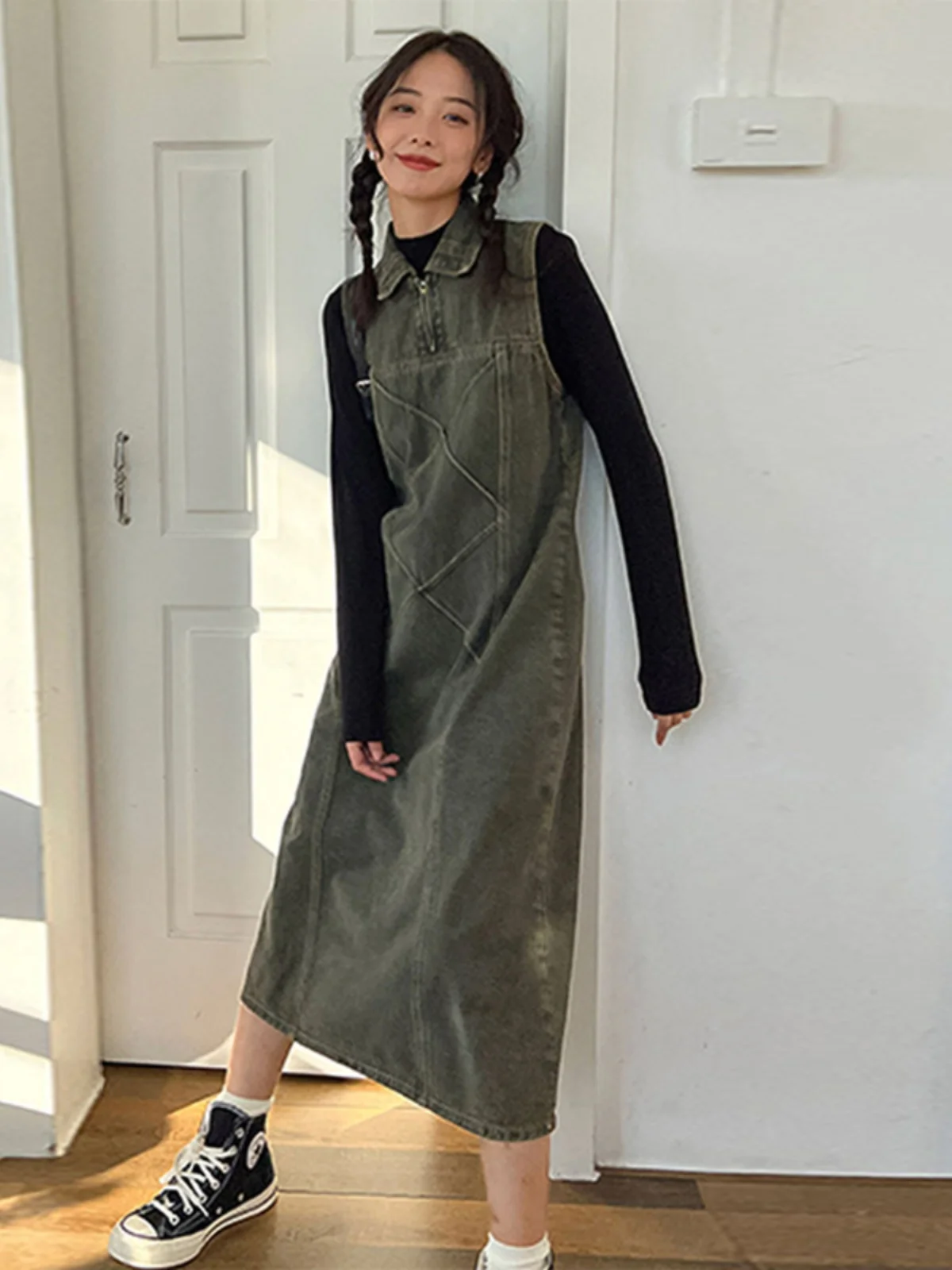 Vestido vaquero largo vintage adelgazante para mujer, nuevo estilo coreano, talla grande, sin mangas, cintura alta, peto, para otoño e invierno
