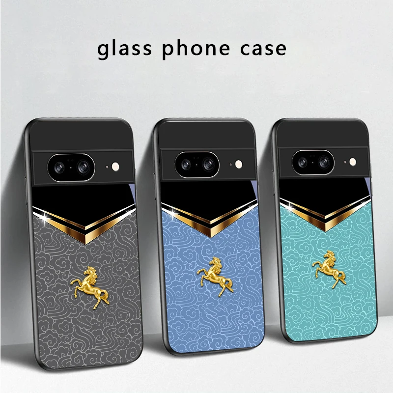 Dark Night Golden Horse For Google Pixel 8 7 9 10 Pixel 10 Pro XL Pixel 9 Pro XL Pixel 8a 7a Pixel 7 Pro Black Glass Phone Case view 2