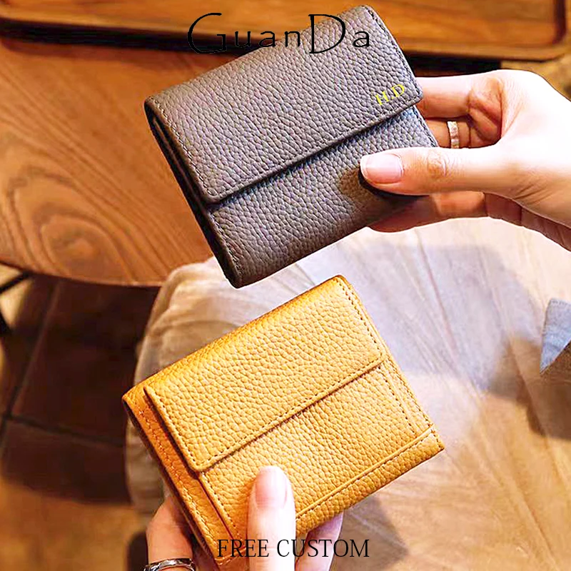 

Cow Leather Luxury Short Wallet Woman Folding Fashion Multi-function Card Holder Custom Letters Lady Casual RFID Coin Purse Gift