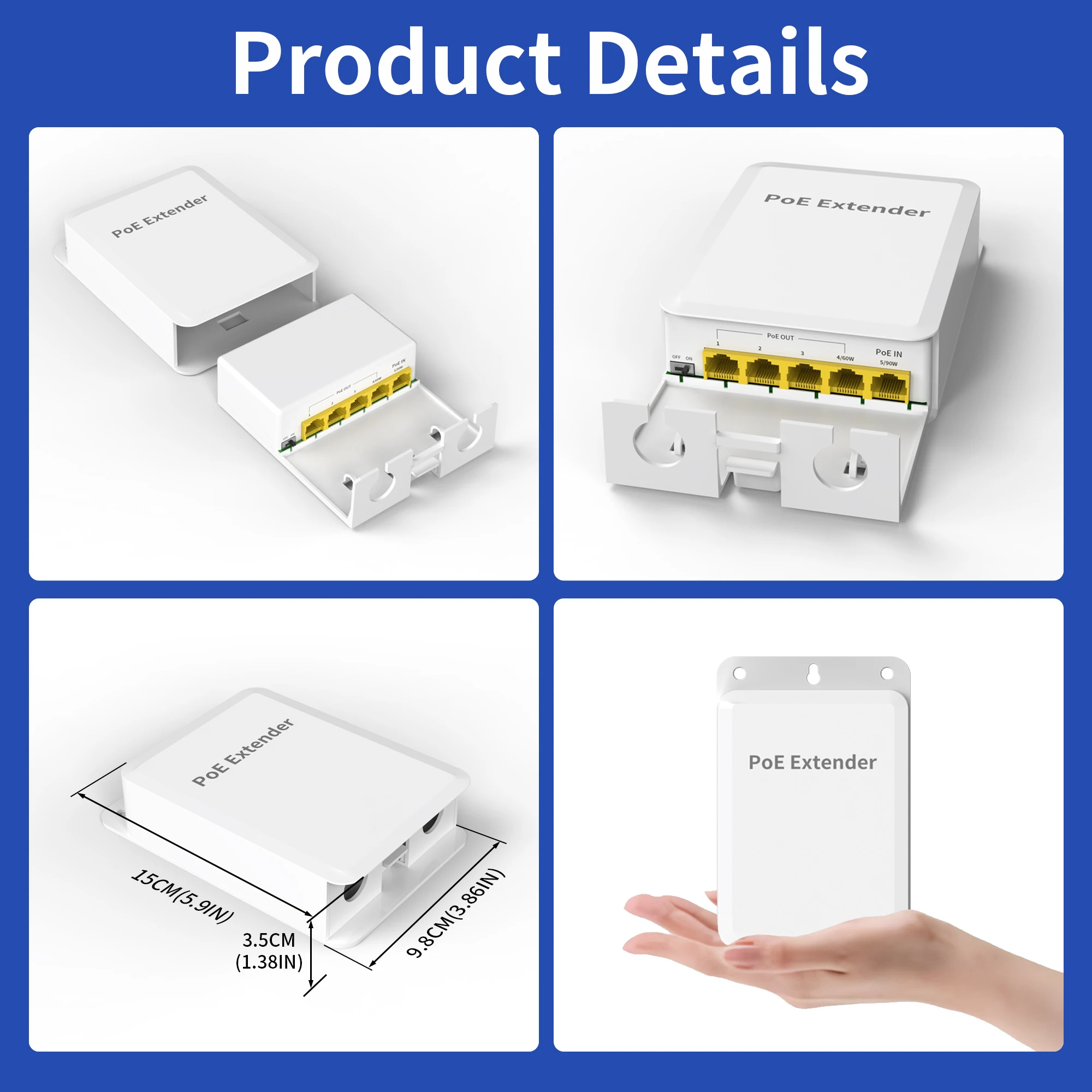 5 poorten PoE++ Gigabit Extender voor buiten, 1 in 4 Out PoE Repeater met 1000 Mbps, IEEE802.3af/at/bt-compatibel, IP65 waterdicht