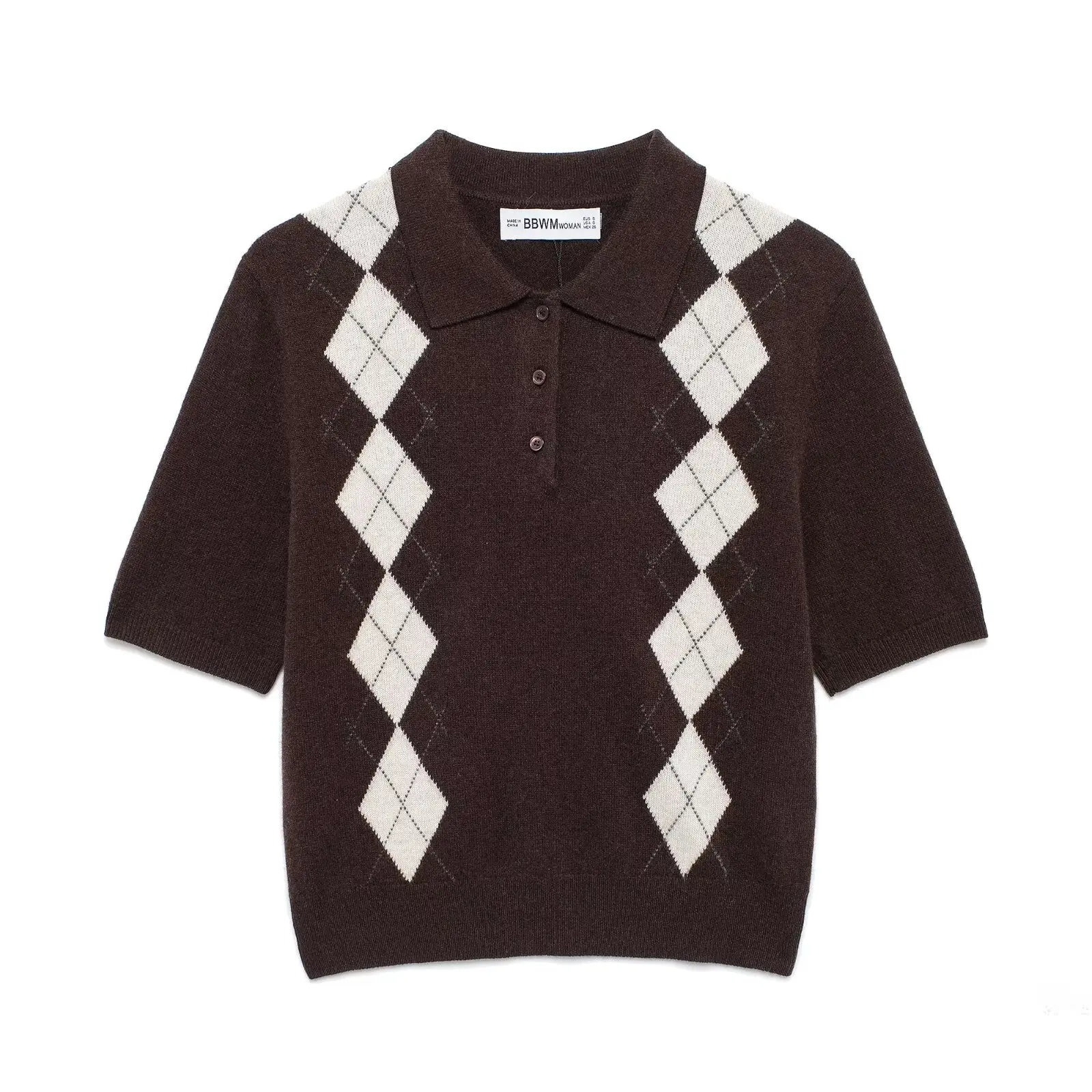 

Foreign Trade Women's 2025 Spring New European and American Niche Short-sleeved Diamond Knitted Polo Shirt Top 5745639