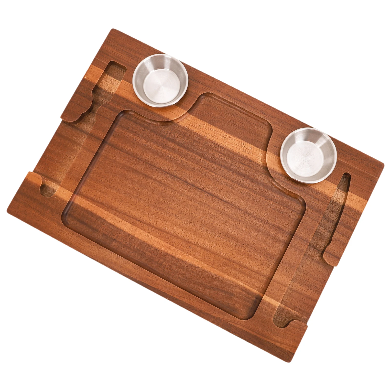 

Acacia Wood Serving Plate with 2 Sauce Cups Steak Plate Cutting Board for Housewarming Christmas