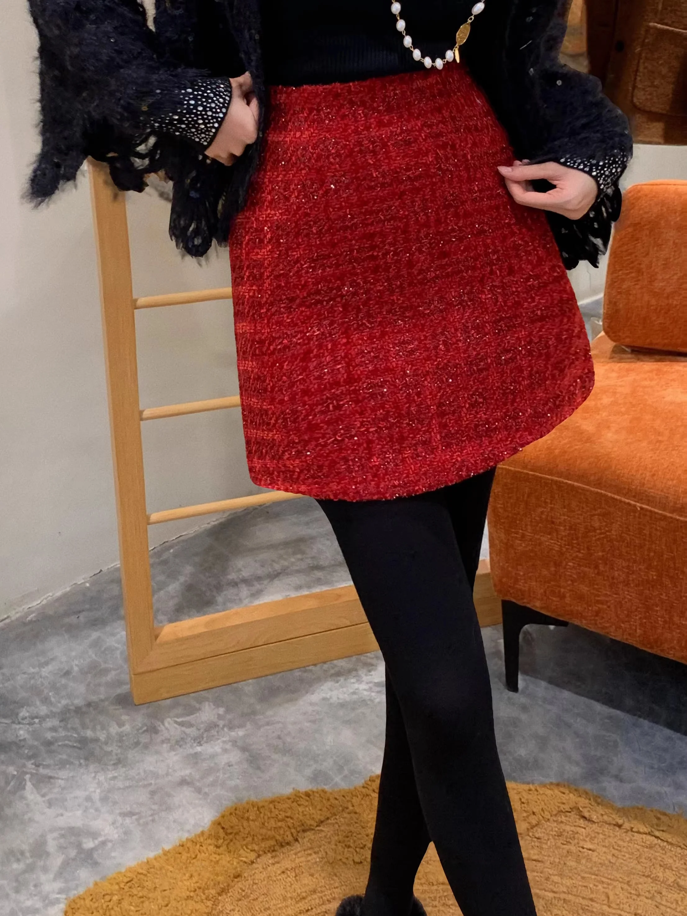 

Красная юбка с пайетками, прямого кроя, с высокой талией, повседневная, женская, из смесовой ткани с эффектом мерцания