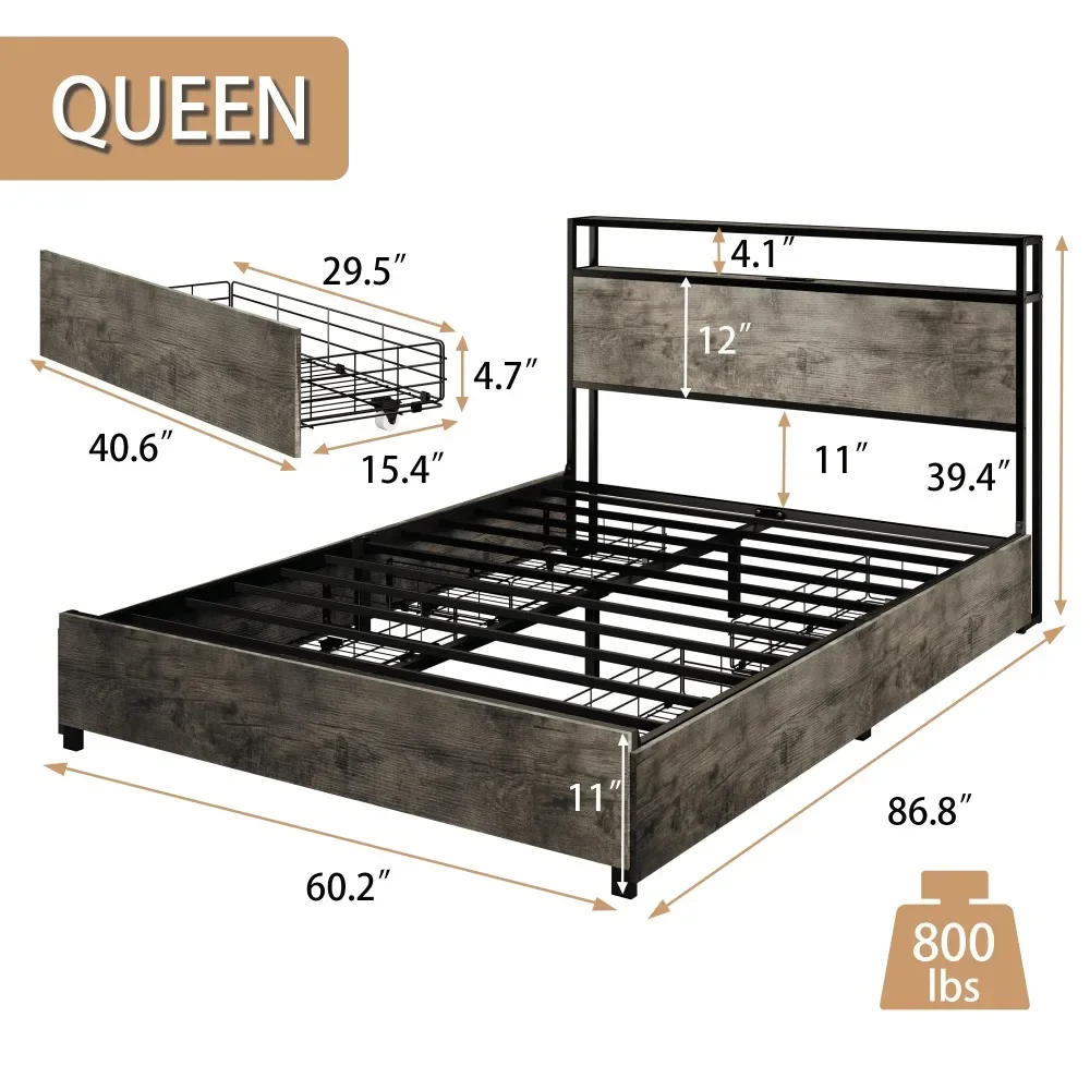 Queen Bed Frame with 2-Tier Storage Headboard，Metal Bed Frame with 4 Storage Drawers & LED，With Remote Control，Bed Frame