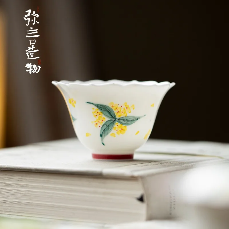 

Handmade Ceramic Thin - bodied Tea Cups with Hand - painted Sweet Osmanthus Petal - shaped for Personal Kung Fu Tea Tasting
