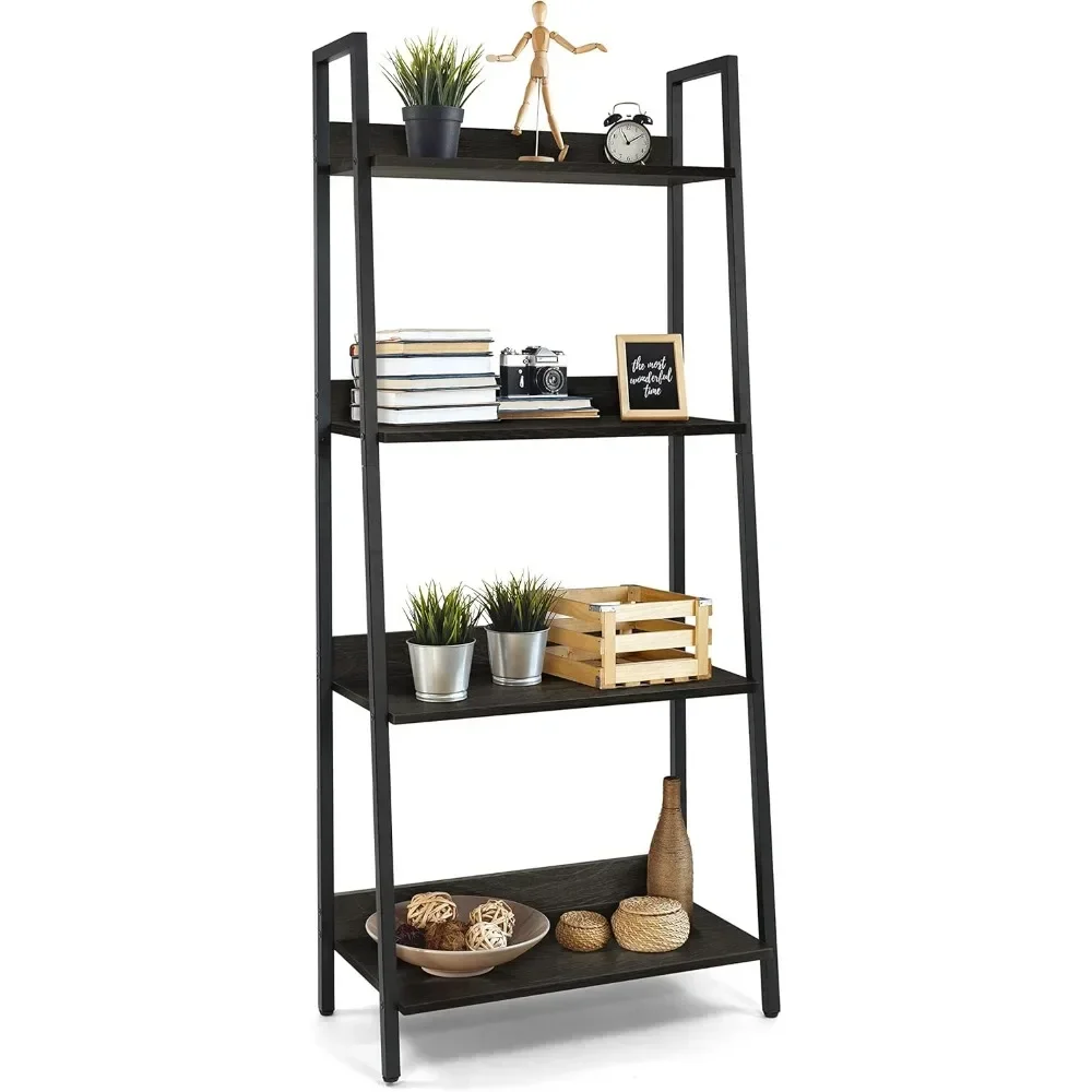 

4 Tier Ladder Bookshelf, 24 Inch Width Free Standing Shelf, Bookcase Shelf Storage Rack Organizer, Industrial Book Shelves