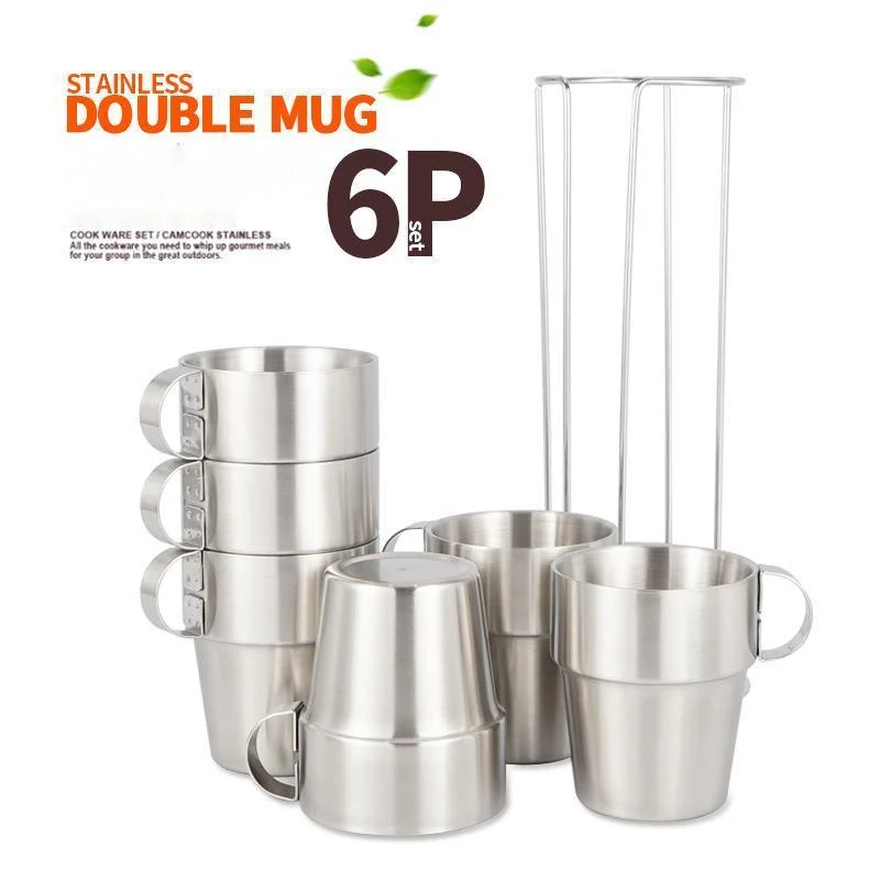 Double-walled Coffee Cup Set 304 Stainless Steel Mugs Coffee Cups Pack 6 Cups Tea Cups Outdoor Heat Insulation Anti-scalding