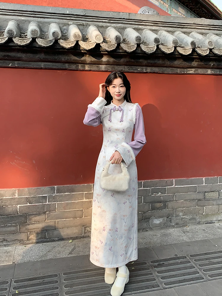 

Plus size women's autumn and winter casual loose retro Chinese cheongsam comfortable thick long-sleeved dress 2024 new clothing