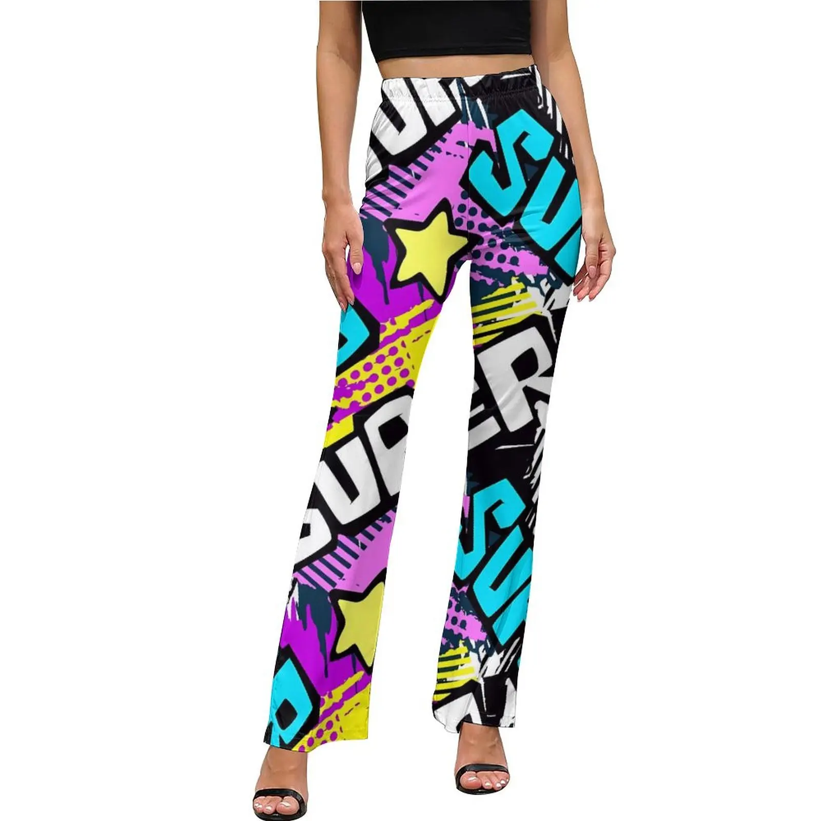 

Colorful Graffiti Pants Elastic High Waist Letter Print Korean Fashion Flare Pants Summer Casual Design Oversize Trousers