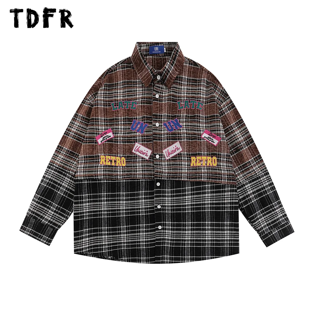 

Letter Embroidery Plaid Shirt Mens Patchwork Autumn Retro Casual Loose Lapel Single Breasted Long Sleeve Shirts Men