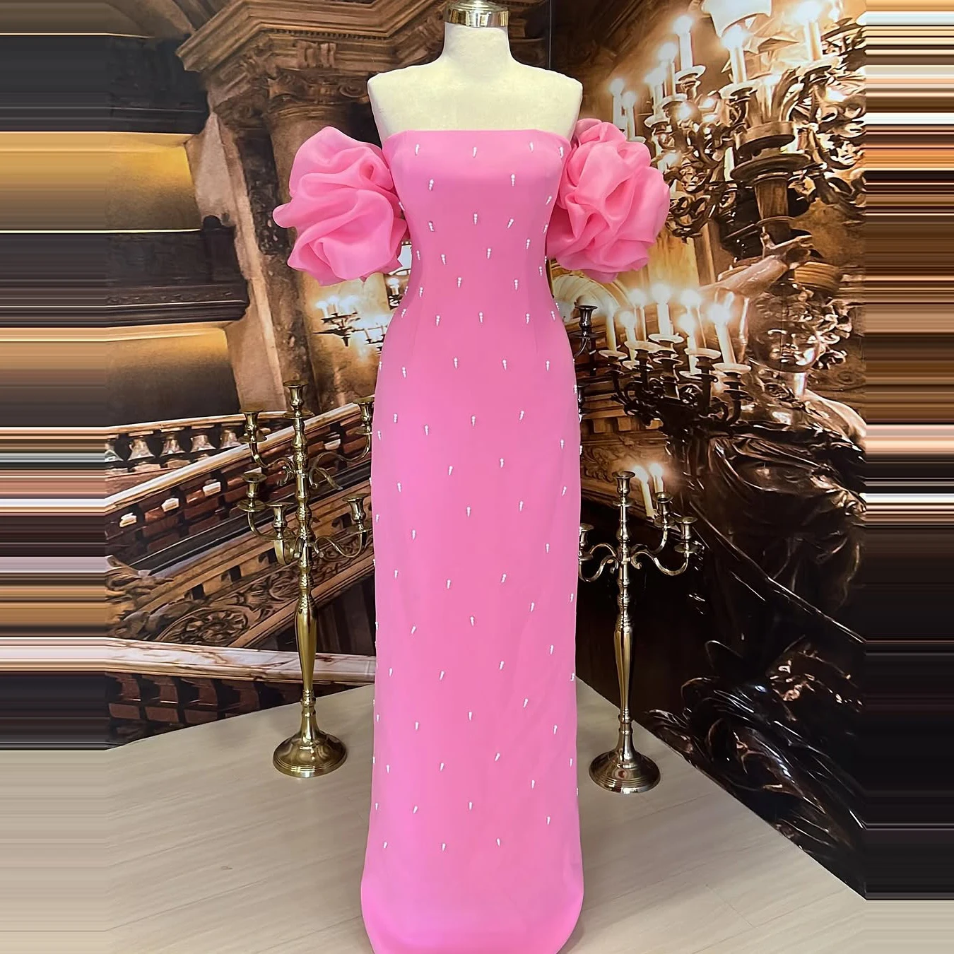 

Strapless Evening Dress With Puff Sleeves Pearl Fitted Pink Floor-Length Dress Perfect For Class Reunions and Birthday Party