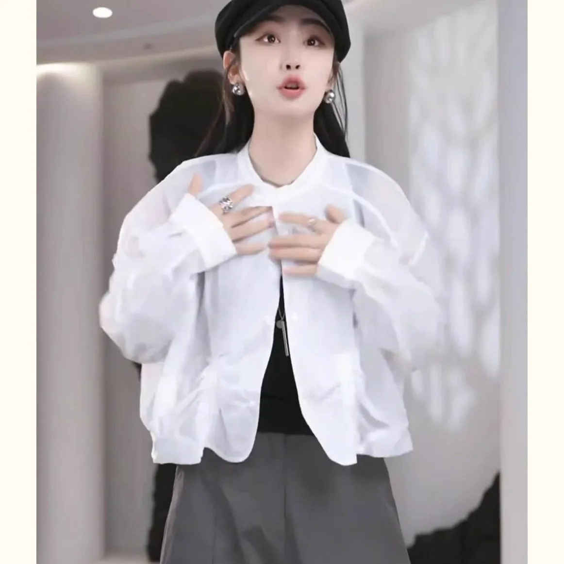 Korean Sle Long Sve Women's Summer Thin Loose Breathable Sun Protection Outerwear Ele Folded Design Slimming Top