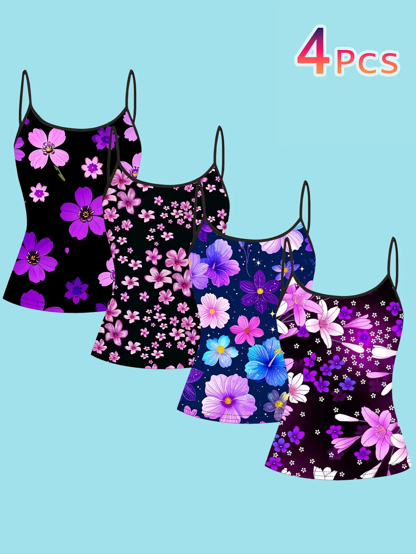 4-Piece Set of Women's Spaghetti Strap Camisoles with Black Base and Purple Pink Floral Art Print Featuring Large Flowers, Cherry Blossoms, and Starry Sky, Slim-Fit Sleeveless Tops