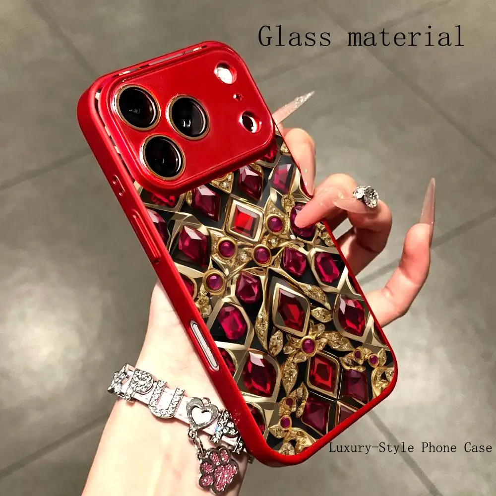 

Sleek Red Gemstone Gold Glass Case fashion phone cases For iphone 17 case Glass Phone Case for iPhone 17、16、15、14、13、pm Pro Plus