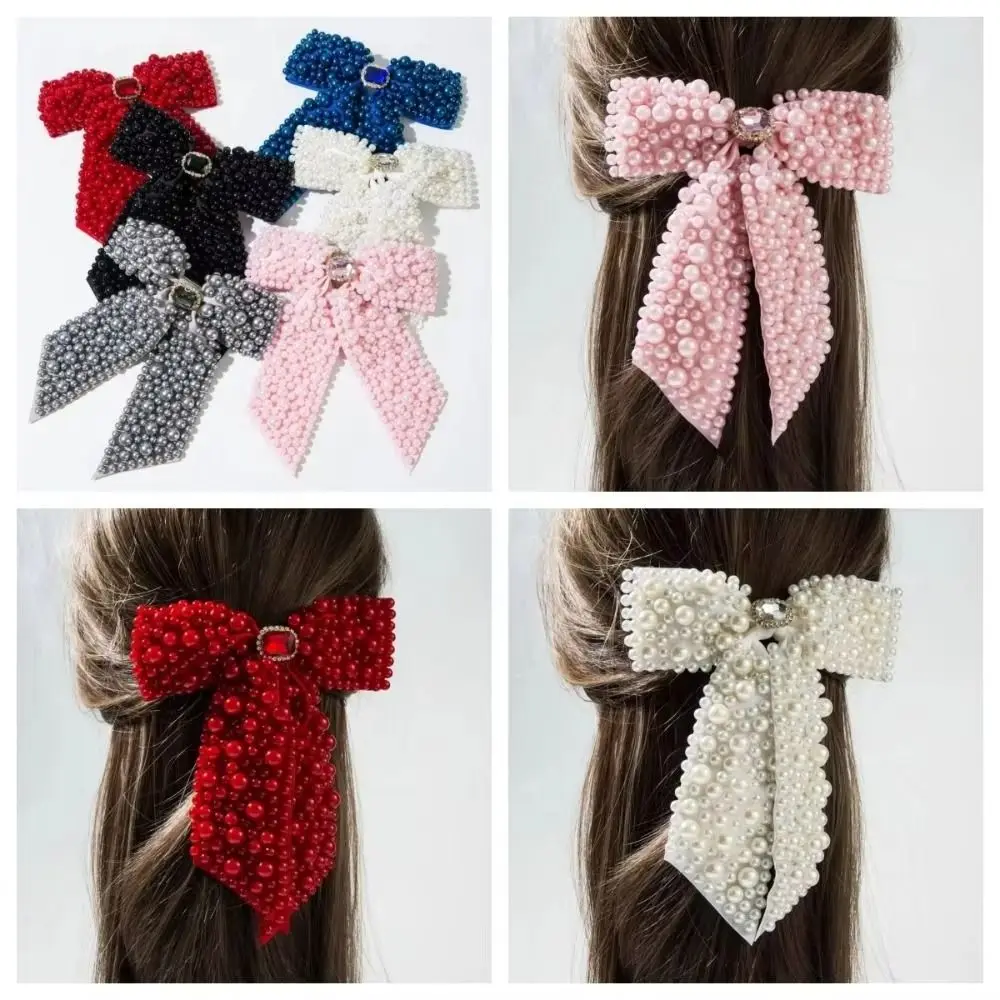 

Elegant Sweet Pearl Bow Hair Clips Hair Jewelry Beading Beads Bowknot Hairpin Fashion Heavy-duty Bow Spring Clip Party