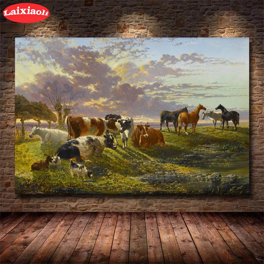 

5D round Diamond Embroidery natural scenery animal cow landscape Diamond Painting Full Square Mosaic Cross Stitch Handmade Gift