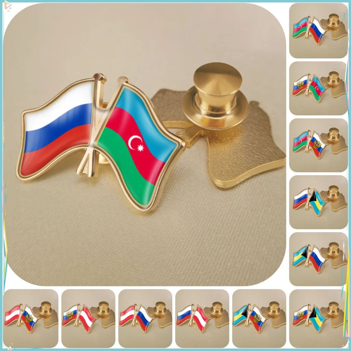 Russian Federation and Austria Azerbaijan Bahamas Double Crossed Friendship Flags Brooches Lapel Pins Badges