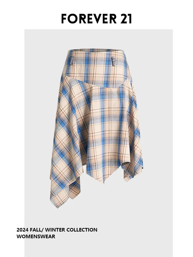 

Forever 2 Retro Plaid A-Line Skirt Spring Season Design Versatile Asymmetrical Large Skirt Commute Single Piece