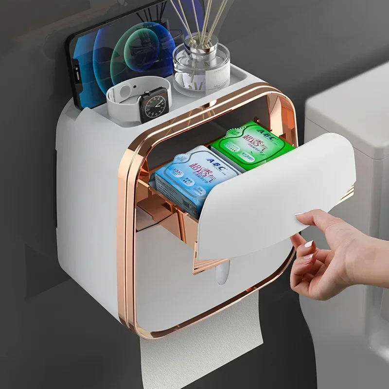 Toilet Tissue Box Wall-Mounted Waterproof Toilet Paper Box Free Punch Tissue Box Toilet Paper Roll Paper Storage Rack