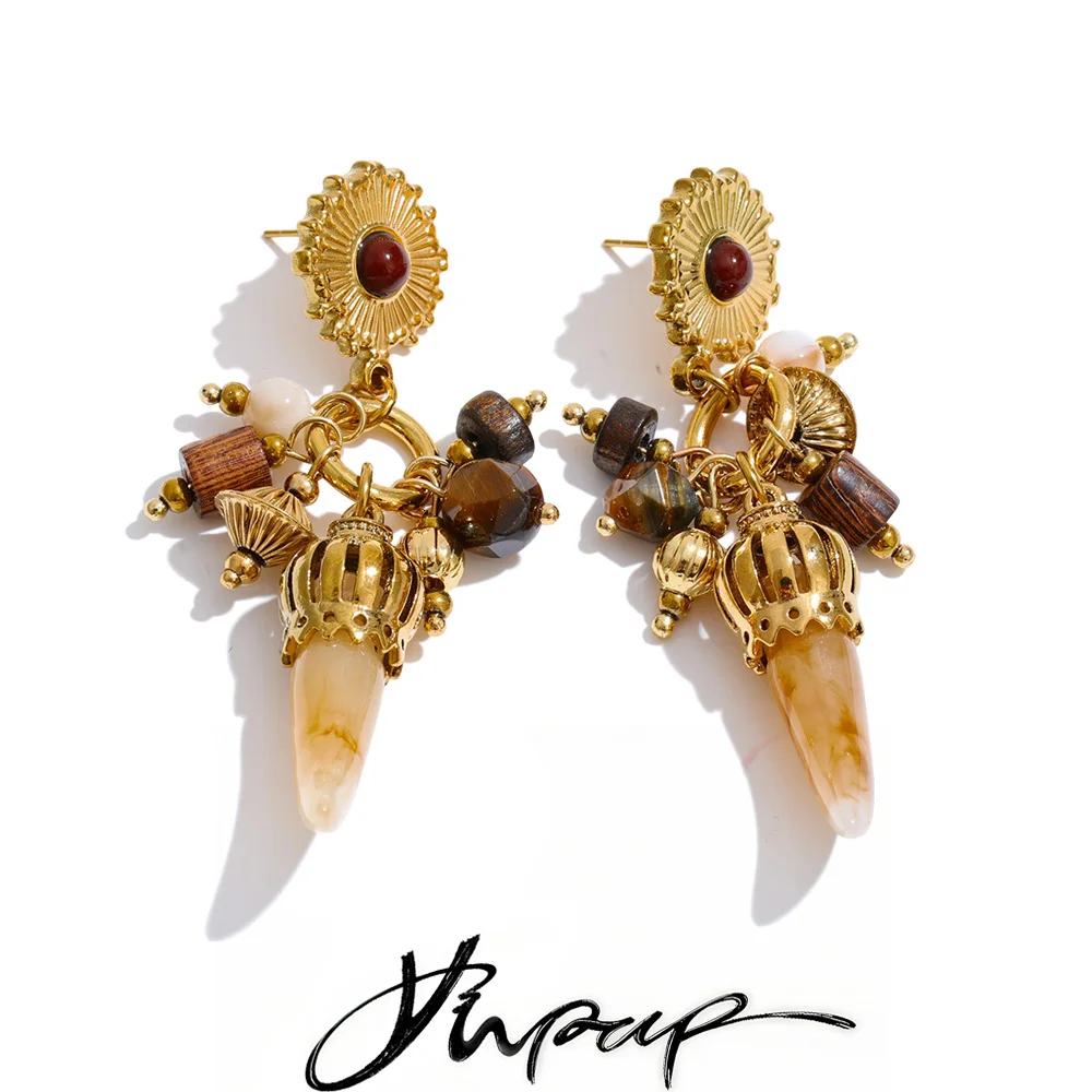 Yhpup Vintage Fashion Stainless Steel Wood Resin Horn Drop Charm Earrings Fashion Distinctive Handmade France Europe Jewelry