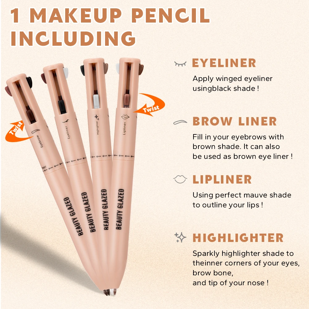 Beauty Glazed-Stylo de maquillage 4 en 1 pour eye-liner, surligneur, crayon cosmétique étanche, multifonction, beauté