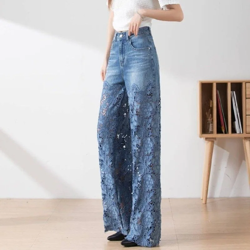 New Women's High-waisted Jeans Spring Summer Fashion Empty Lace Splicing Denim Wide-leg Pants Female Casual Drape Denim Trousers
