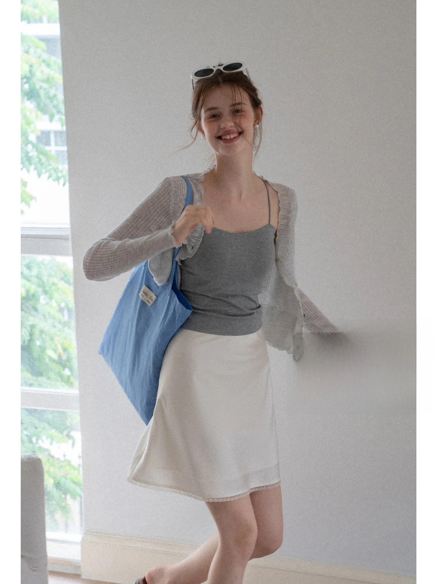 

Юбка трапециевидной формы с высокой талией Eggka из кружева с драпированным эффектом для женщин, перламутровый цвет, полиэфирная ткань, летний сезон