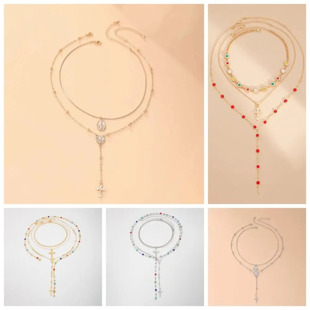 حجر الراين المعادن مكدسة قلادة الأزياء Y على شكل قلادة الصليب قلادة مجموعة خمر نمط النحاس مكدسة سلسلة الترقوة