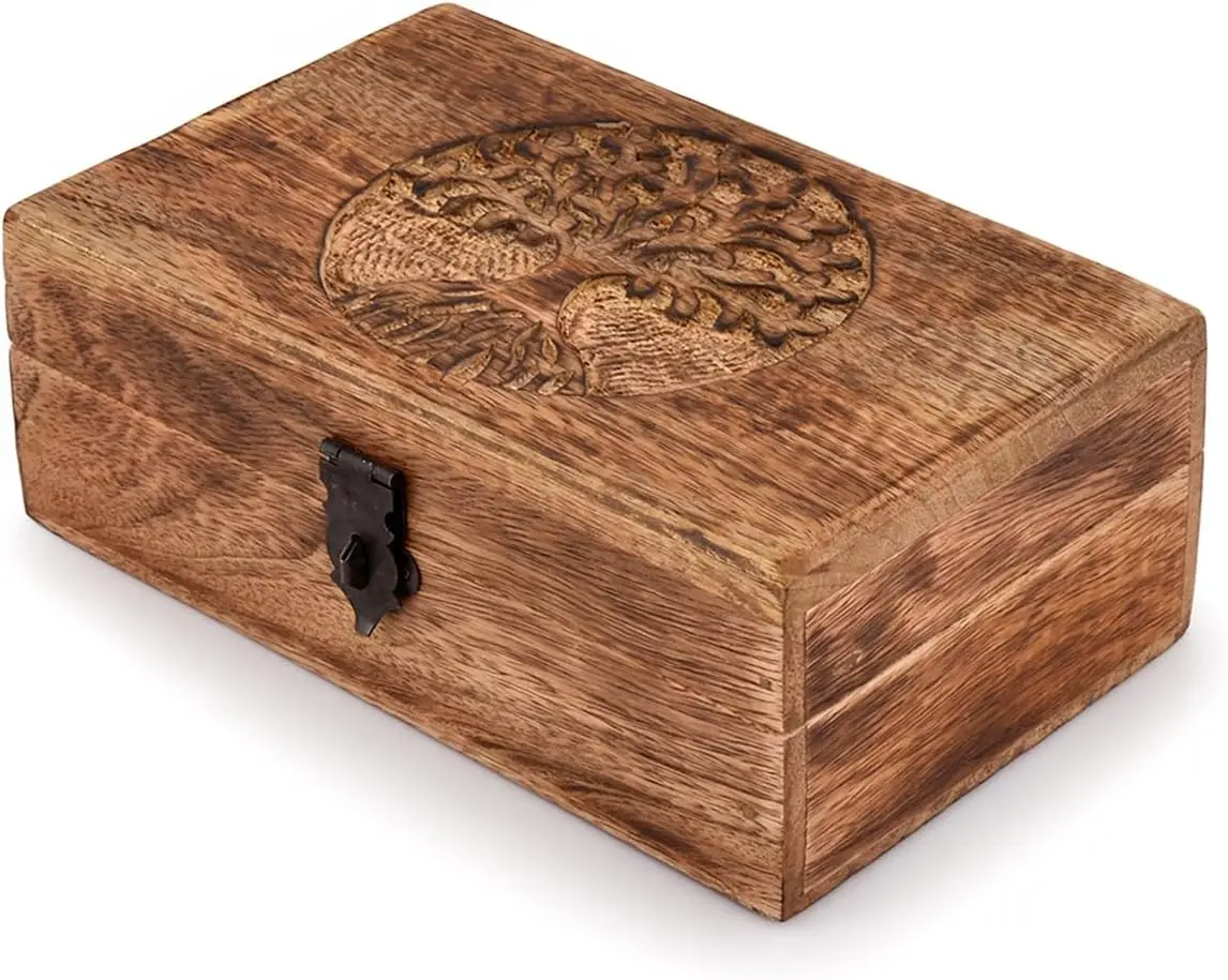 Caja de Recuerdos Grabada con el Árbol de la Vida, Hecha a Mano con Madera de Mango, Organizador de Joyas, Regalo Único para Hombres y Mujeres