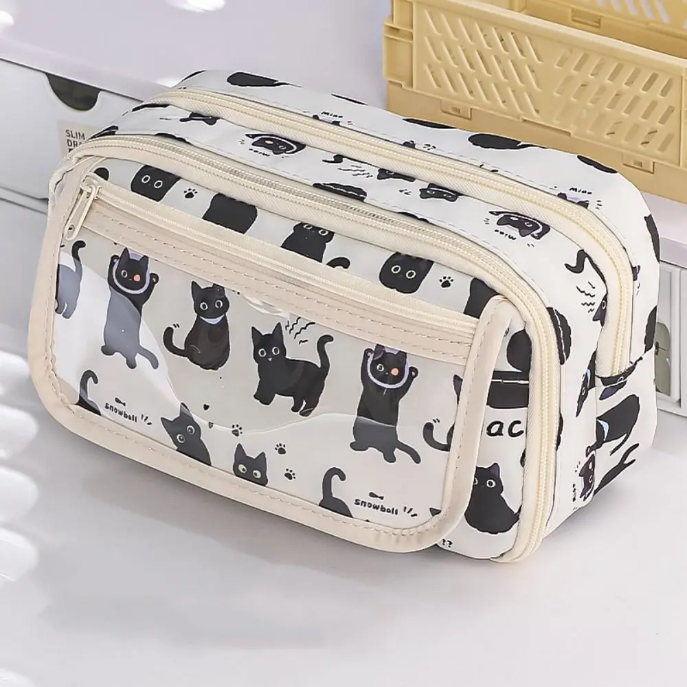 Multi Layer Capybara Stationery Bag Transparent Pocket Canvas Capibara Pencil Bag Black Cat Large Capacity Cartoon Pen Pouch