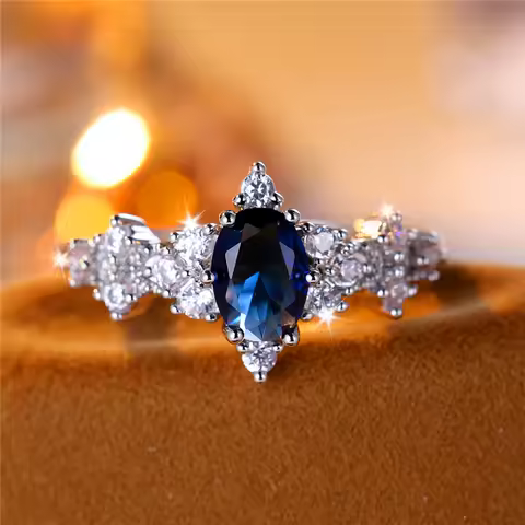 Cute Female Blue Oval Zircon Stone Ring Vintage Silver Color Wedding Jewelry For Women