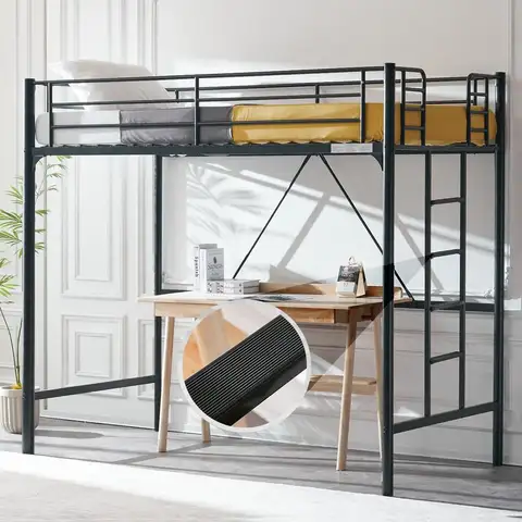 71 Inches Tall Loft Bed Twin Size with Flat Ladder Rung for Kids Teens Adults Heavy Duty Metal Single Bunk Bed Loft with Safety