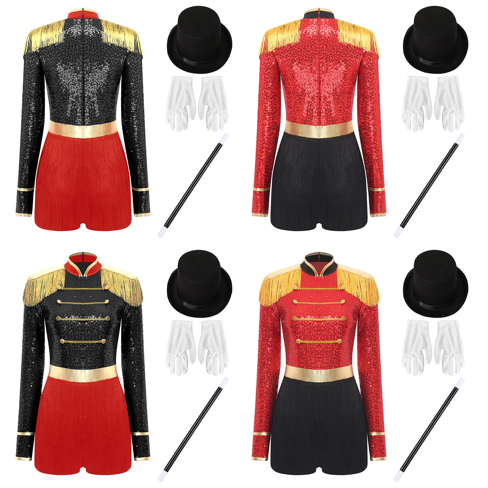 Women Circus Ringmaster Magician Costume Shiny Sequin Bodysuit with Gloves Hat Magic Wand for Halloween Carnival Cosplay Party