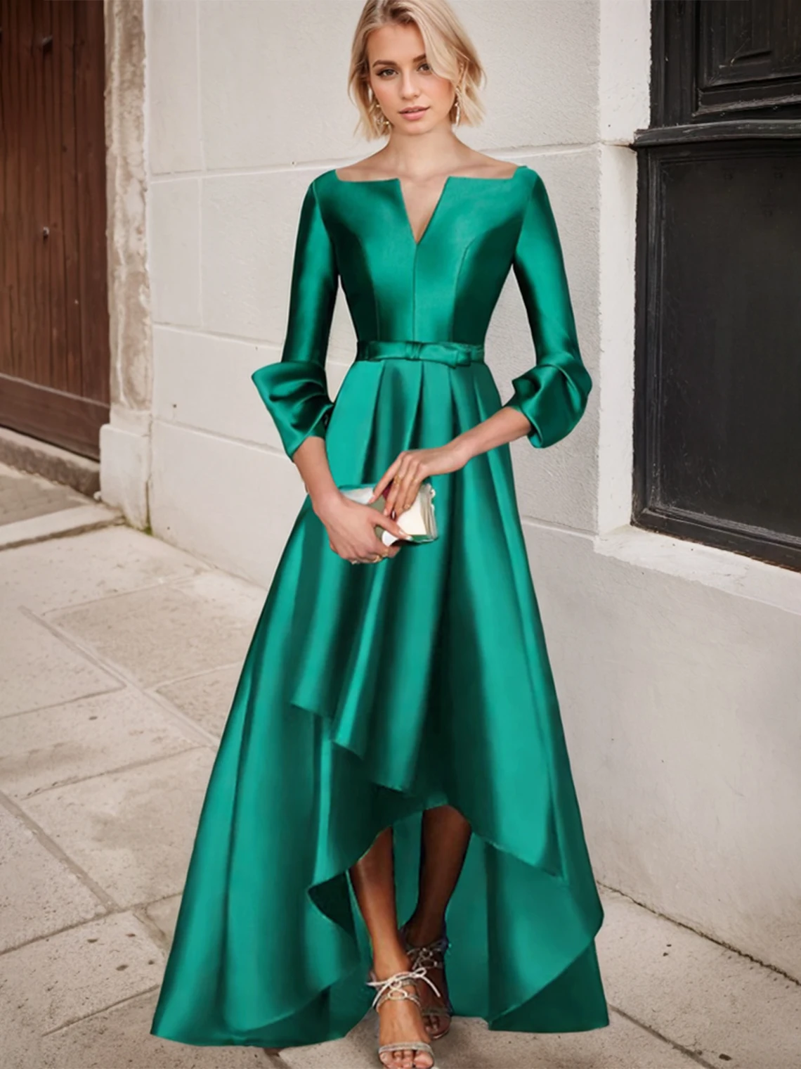 

A-Line Evening Gown Elegant Mother High Low Formal Wedding Guest Floor Length 3/4 Sleeve V Neck Satin Bow 2025 Free Customized