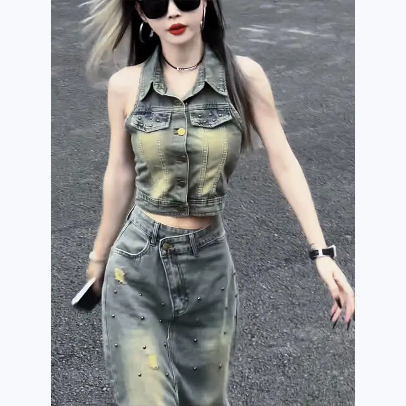 Retro Denim Vest Female High Waist Split Temperament Long Skirt Summer Fashion Online Celebrity Fried Street Casual Skirt Suit .