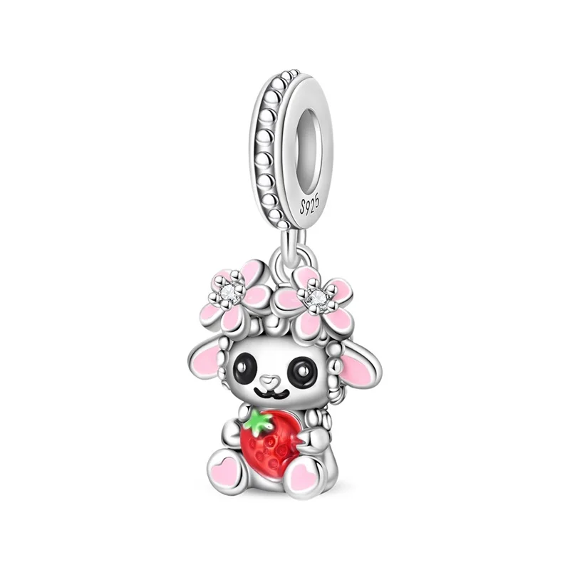 

925 Sterling Silver Cute Strawberry Lamb Pendant Fit Original Bracelet DIY Women Birthday Jewelry Gift