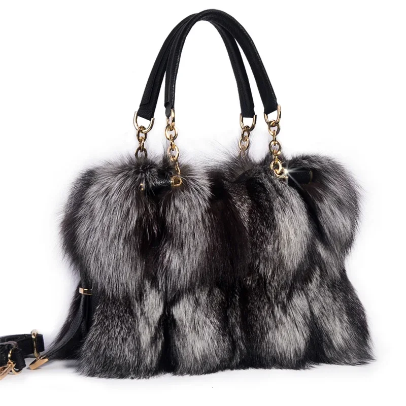 Luxury Real Fox Fur Woman Tote Shoulder Bag Winter Party Bag Ladies HandBags