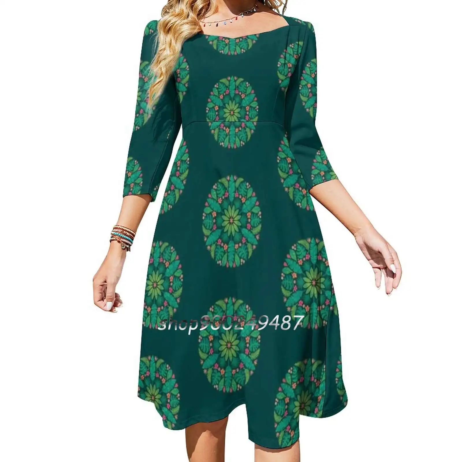 Tropical Sun Square Neck Dress Cute Loose Print Dresses Elegant Beach Party Dress Tropical Leaves Flowers Plants Vegetation