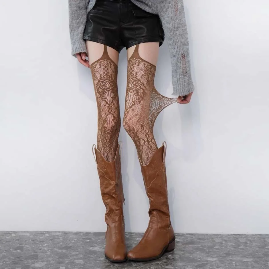 جديد طباعة براون جوارب شبكية المرأة مثير القهوة الجوف خارج الفخذ العليا الجوارب القوطية لوليتا اليابانية فوق الركبة جوارب طويلة