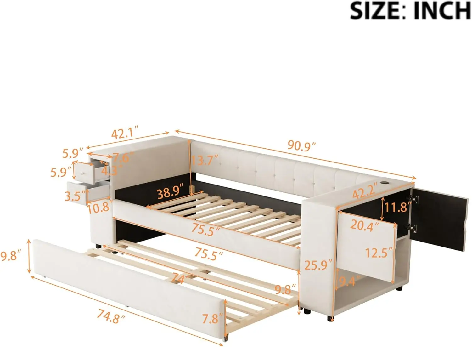 Merax Twin Size Corner Bed Day Bed With Trundle, Velvet Upholstered Daybed With Storage Cabinet, Twin Platform Bed With Side