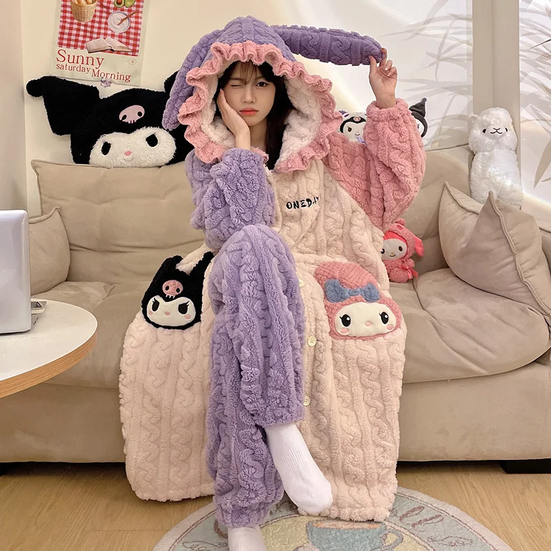 Sanrios أنيمي الشتاء Homewear Kuromi المرأة ثوب النوم مجموعة سميكة المرجان المخملية طويلة الأكمام الدافئة مقنعين منامة Kawaii الكرتون #3